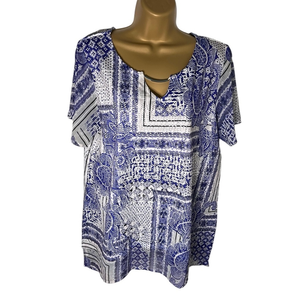 JM Collection Printed Flutter Sleeve Blouse Blue Combo L